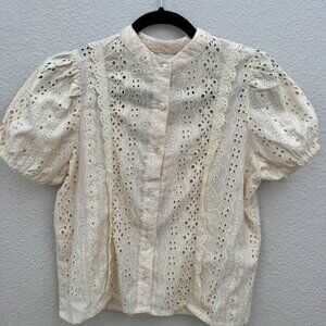 Industry Top Cream Eyelet Lace Button Down Puff Sleeve Top w/ Tags. XS